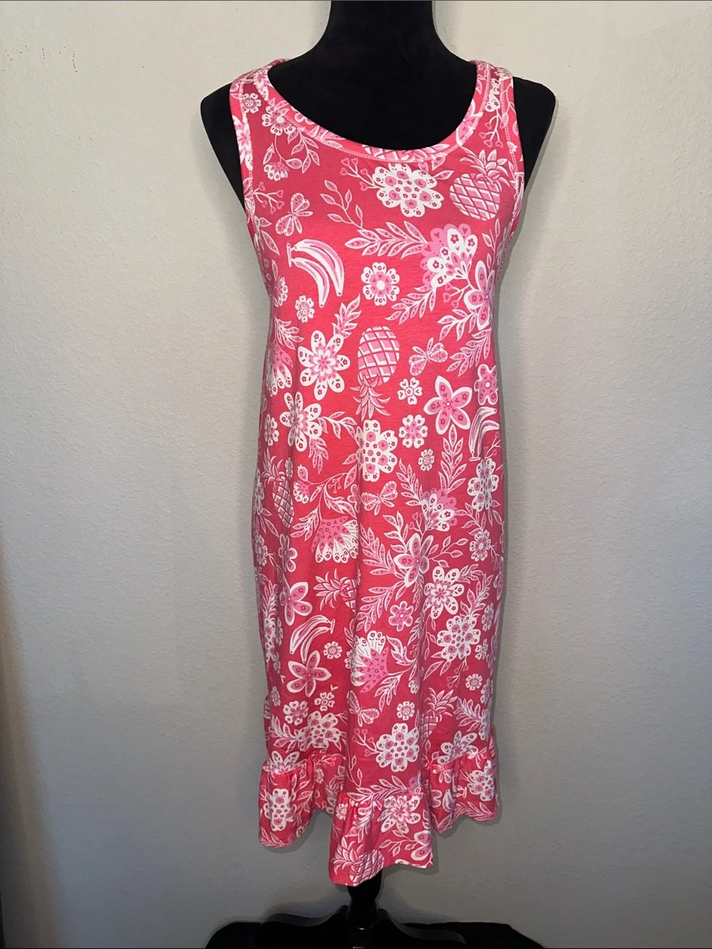 Cuddl Duds Coral Pink Floral Sleeveless Chemise with Ruffle Hem
